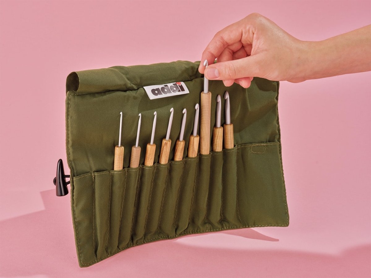 addiWrap Olive Wood Crochet Hook Set 2–6 mm with Waxed Canvas Case