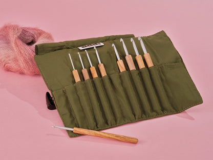 addiWrap Olive Wood Crochet Hook Set 2–6 mm with Waxed Canvas Case