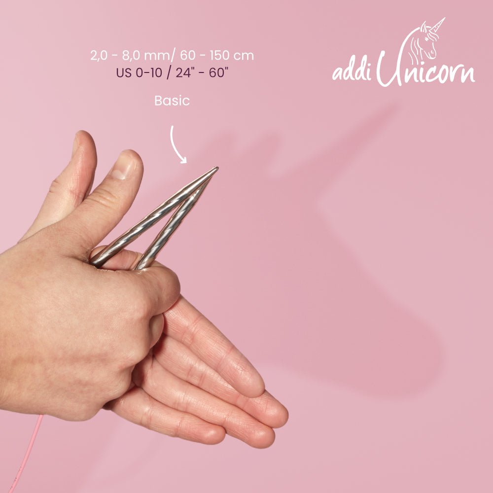 Unicorn Addi Circular Knitting Needles – Brass Tips with Pink Cable