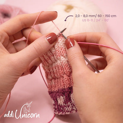 Unicorn Addi Circular Knitting Needles – Brass Tips with Pink Cable