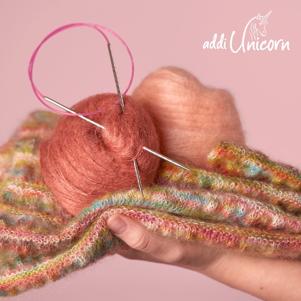Unicorn Addi Circular Knitting Needles – Brass Tips with Pink Cable